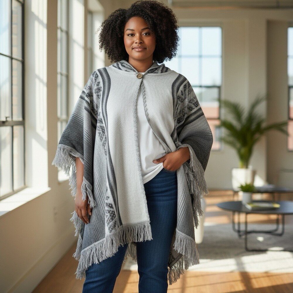 Andes Native Roots Alpaca Wool Aztec Poncho Grey Fringe OS Handmade In‎ Ecuador